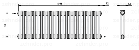 Схема (чертеж) Радиатор Zehnder Charleston 2056/23 №1670 Белый глянцевый RAL 9016